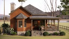 a small house with a porch and stone steps