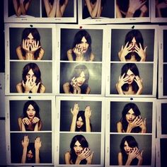 a woman with her hands in front of her face and six pictures of her body