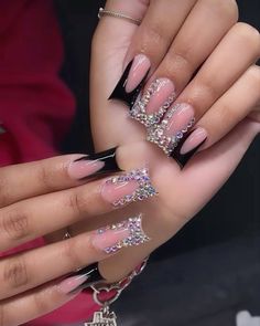 Acrylic Nails Duck Shape, Black Exotic Nails, Nails For Prom Black Dress, Black French Tip Nails With Rhinestones, Diamond French Tip Nails, Black Diamond Nails, Black Nails With Rhinestones, Prom 2k24, Tattoo Symbols