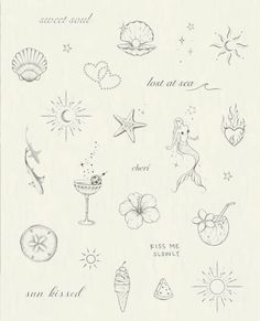 an old drawing of various items from the past, including seashells and starfish