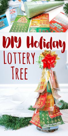 a christmas tree made out of wrapping paper with the words diy holiday lotery tree