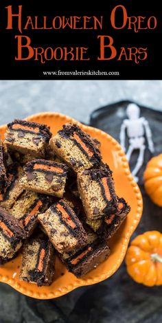 halloween oreo brownie bars on an orange plate