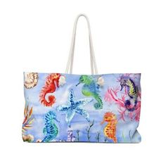 a large blue bag with sea animals on it