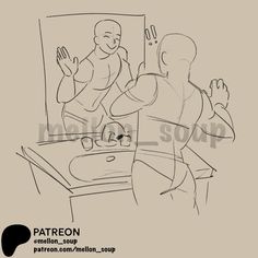 a drawing of two people in front of a mirror with the caption patreon