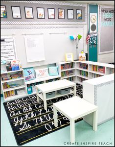 a classroom with desks, chairs and bookshelves