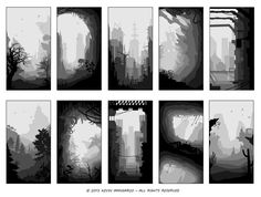 six different black and white paintings with trees