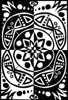 a black and white drawing of an abstract design with circles, stars, and dots