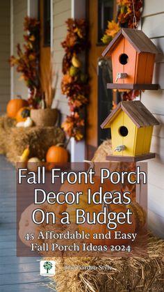 fall front porch decor ideas on a budget with hay bales and pumpkins in the background