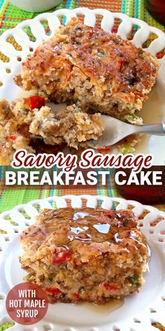 a close up of a plate of food on a table with the words savory sausage breakfast cake