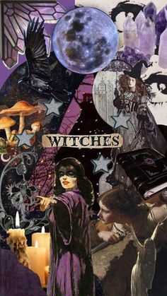 a collage of images with witches and moon in the background, including an image of a woman holding a book