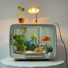 an old tv with plants and fish in it sitting on top of a white table