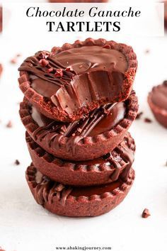 chocolate ganache tartles stacked on top of each other with text overlay