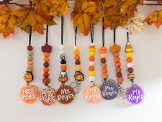 a bunch of beads that are hanging on a wall with some leaves around them and the words miss beagles rejobs