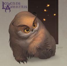 an owl with yellow eyes is sitting in front of a poster that reads legendds of avanitris