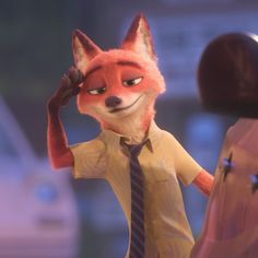 an animated fox wearing a tie standing next to a woman in a yellow shirt and skirt