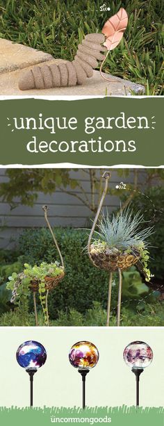 three different types of garden decorations on display in front of some bushes and plants with the words unique garden decorations above them