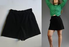 We combine shipping! FREE shipping price for each additional item! Nice fancy velvet shorts 80s, High waisted, front darts, pockets, mini length. Excellent vintage condition. Label: Laurel Fabric:  100% cotton Size:  40 /  but it's  for M too,  / Model size M ✂------m e a s u r e m e n t s-------------- Bust and waist already doubled. Waist: 29" 74 cm Hips: 47 1/4"  120 cm Length: 18" 45 cm Best way to know if it will fit? Compare the measurements to similar item from your closet, always allow 1 Black Velvet Shorts, Formal Shorts, Womens Jumpsuits, Shorts High Waisted, Velvet Shorts, High Waisted Shorts, Black Velvet, Jumpsuit Romper, Wide Leg