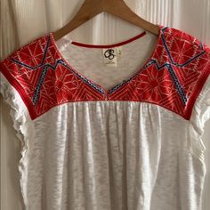 Beautiful And Brand New Knitted Blouse By Anthropologie. Has Embroidered Neckline With Short Ruffled Sleeves. Has Good Weight. Size Large. Red Knit V-neck Top, Bohemian Short Sleeve Knit Top, Red Bohemian Crew Neck Blouse, Casual Red Embroidered Top, Red Knit Top For Summer, Summer Embroidered Knit Tops, Casual Red Tops With Floral Embroidery, Casual Red Blouse With Floral Embroidery, Red Floral Embroidered Crew Neck Top