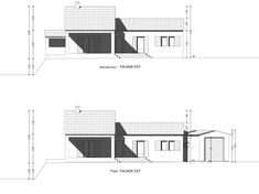 two drawings showing the front and back views of a house, one with windows on each side