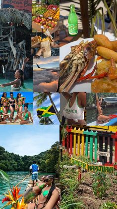 collage of photos with people and food on the beach, in front of a body of water