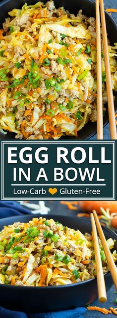 egg roll in a bowl with chopsticks on the side and text overlay