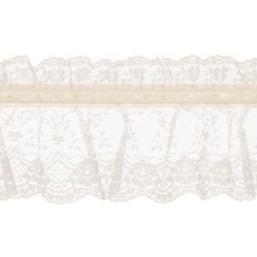 a white lace border with an ivory ribbon on the bottom and beige trim around it