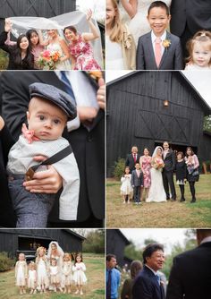 a collage of photos with people and children in front of a barn at a wedding