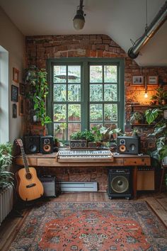 a room with a keyboard, guitar and plants in it