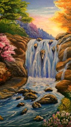 a painting of a waterfall with trees and rocks in the foreground, surrounded by flowers