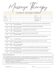 Looking for a comprehensive and professional solution for your massage therapy or esthetician business? Our massage consent form is a must-have tool for massage therapists and esthetician professionals alike. This versatile client intake form covers all the necessary details for a seamless intake process, ensuring a smooth and organized experience for both you and your clients. With this massage therapy form, you can easily customize it to suit your specific needs, whether you specialize in lymphatic massage, med spa treatments, or other services. Streamline your business operations and enhance your professionalism with our esthetician template and massage release form today! *This purchase will provide access to an editable Canva link with the consent form which can be edited/downloaded i Massage Therapy Vision Board, Massage Therapy Templates, Small Massage Room Ideas, Massage Consultation Form, Massage Therapy Business Plan, Massage Therapy Consent Form, Massage Therapy Intake Forms