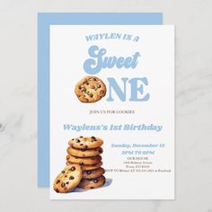 a blue and white birthday party card with cookies on the front that says, wayne is a sweet one