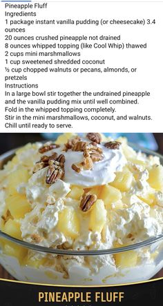 Pineapple Fluff, Vanilla Pudding Mix, Crushed Pineapple, Vanilla Pudding, Mini Marshmallows, Whipped Topping, Shredded Coconut, Cookie Desserts, Fun Desserts