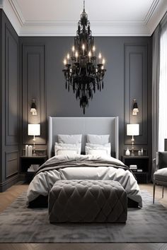 Statement lighting fixtures illuminating a black and grey bedroom. Sophisticated Bedroom, Feminine Bedroom, Classy Bedroom, Bedroom Wall Paint, Odaiba, Minimalist Room, Elegant Bedroom