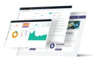 three screens showing different dashboards and statistics on them, one is displaying data the other shows graphs