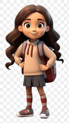 a cartoon girl with long hair wearing a school uniform and holding a backpack, transparent background