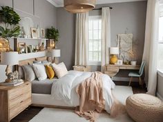 a bedroom with gray walls and white bedding, wooden furniture and plants on the windowsill