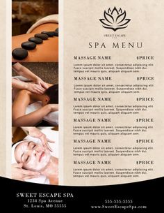 the spa menu is ready to be used as a flyer or brochure for an event