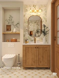 a bathroom with a toilet, sink and mirror in it's centerpieces