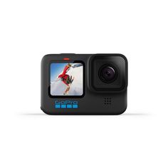 the gopro hero action camera is shown in front of a white background with an image of a skier on it