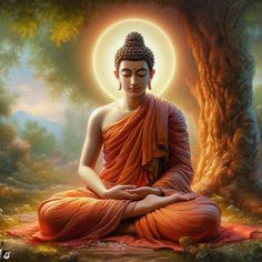 the buddha is sitting in front of a tree