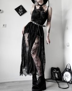 Long Sheer Dress, Dress With Choker, Gothic Mode, Witch Dress, Choker Dress, Goth Dress, Lace Dress Long