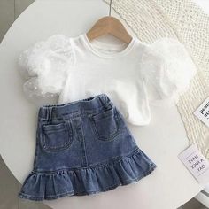 Denim Skirt Set, White Short Sleeve Shirt, Denim Skirt Outfits, Rock Outfit, Girls Denim, Baby Outfits, Fashion Kids, Lace Blouse, Skirt Outfits