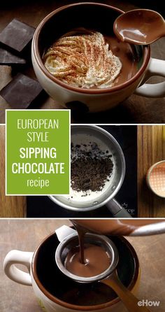 coffee is being poured into a cup with chocolate in it and the words european style spring chocolate recipe