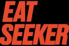 the words eat seeker on a black background with red and white text that says eat seeker