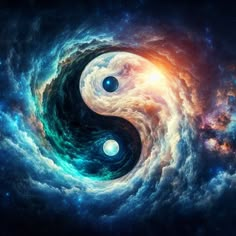 the yin symbol in space surrounded by clouds and stars, as if it were made from an image