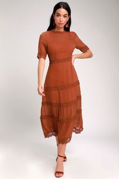 Pretty Rust Orange Dress - Swiss Dot Dress - Lace Midi Dress Modest Midi Dress With Lace Trim, Rust Orange Dress, Sunday Fashion, Orange Cocktail Dresses, Modest Dressing, Midi Skirt Fall, Winter Wedding Guest Dress, Dresses Winter, High Neck Midi Dress