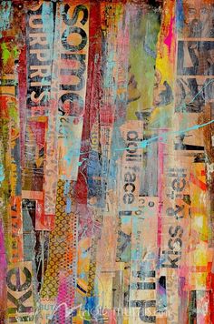 an abstract painting with many different colors and patterns on it's surface, including the words