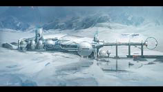 a futuristic space station in the snow