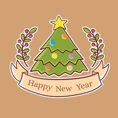 a happy new year greeting card with a christmas tree and ribbon in the center on a brown background