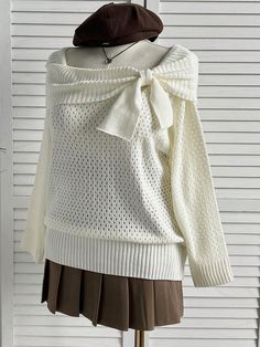 Plus Size Cute & Sweet Bow Knitted Sweater, Vintage Soft & Feminine Top, Essential For Sweet Girls, Autumn/Winter White Casual  Wrist-Length Sleeve Knitwear Plain Pullovers Slight Stretch  Women Plus Clothing, size features are:Bust: ,Length: ,Sleeve Length: Casual Kawaii, Plus Size Cute, Feminine Clothing, Shein Sweater, Clothes Winter, Feminine Top, Soft Feminine, Soft Clothes, Vintage Soft